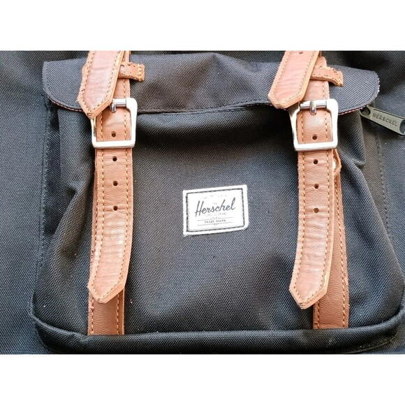 Herschel Supply Co Backpack Black Canvas Brown Leather Straps Classic Style - Picture 3 of 8